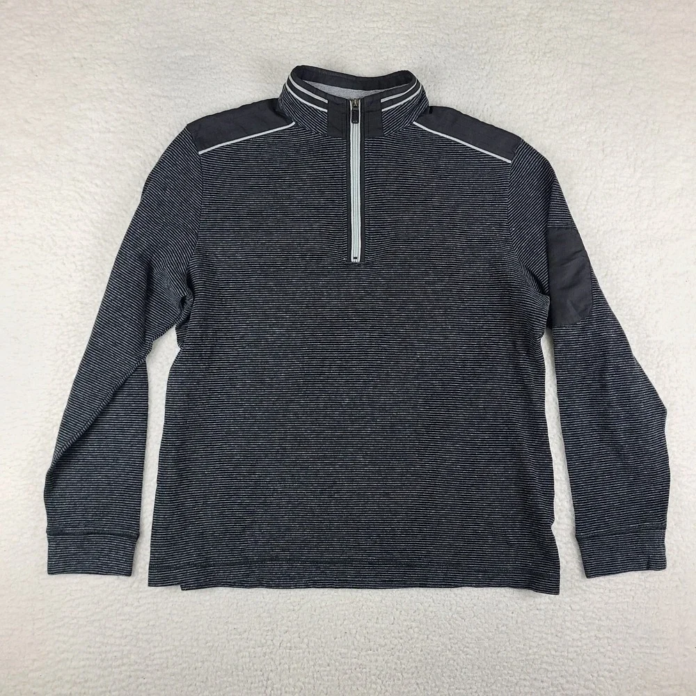 BUGATCHI Sweater Mens Medium Black Gray Striped Quarter Zip Sweatshirt GC